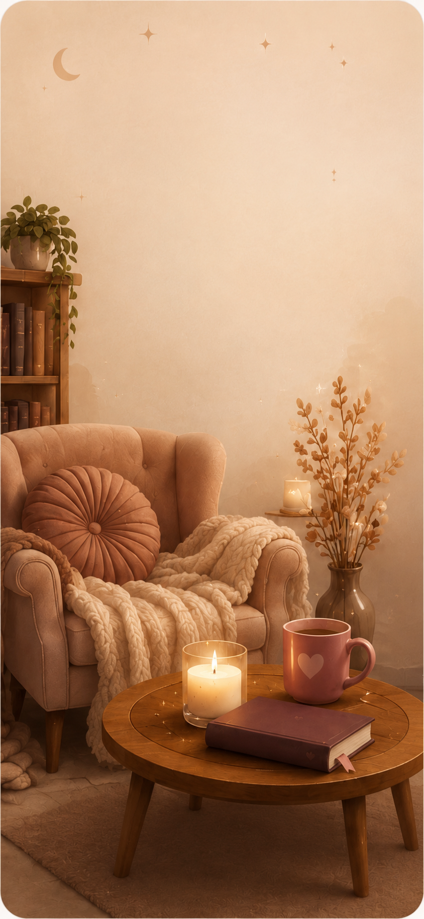 Ambiance de lecture douce avec fauteuil, bougie et livre